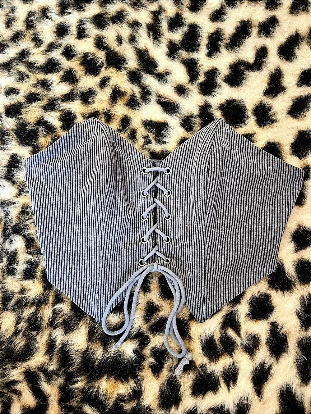 Pinstripe Lace Up Corset Crop Top in Gray